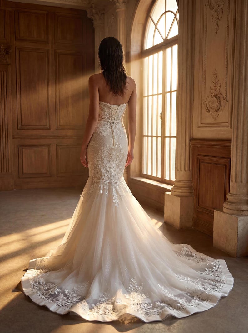 May include: A strapless ivory wedding dress featuring a fitted bodice with intricate floral lace embroidery, a corset-style lace-up back, and a flared mermaid skirt that extends into a long train with matching lace detailing along the hemline.
