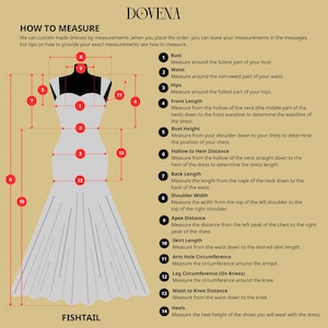 May include: A beige instructional diagram titled DOVENA HOW TO MEASURE featuring a grey silhouette of a fishtail dress. Numbered red circles and dashed lines indicate measurement points for bust, waist, hips, lengths, and circumferences.