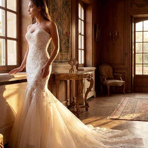 May include: A strapless ivory wedding dress featuring a sweetheart neckline and intricate white lace overlay. The bodice is fitted, transitioning into a flared mermaid silhouette with a tulle skirt and a long train adorned with lace appliques.