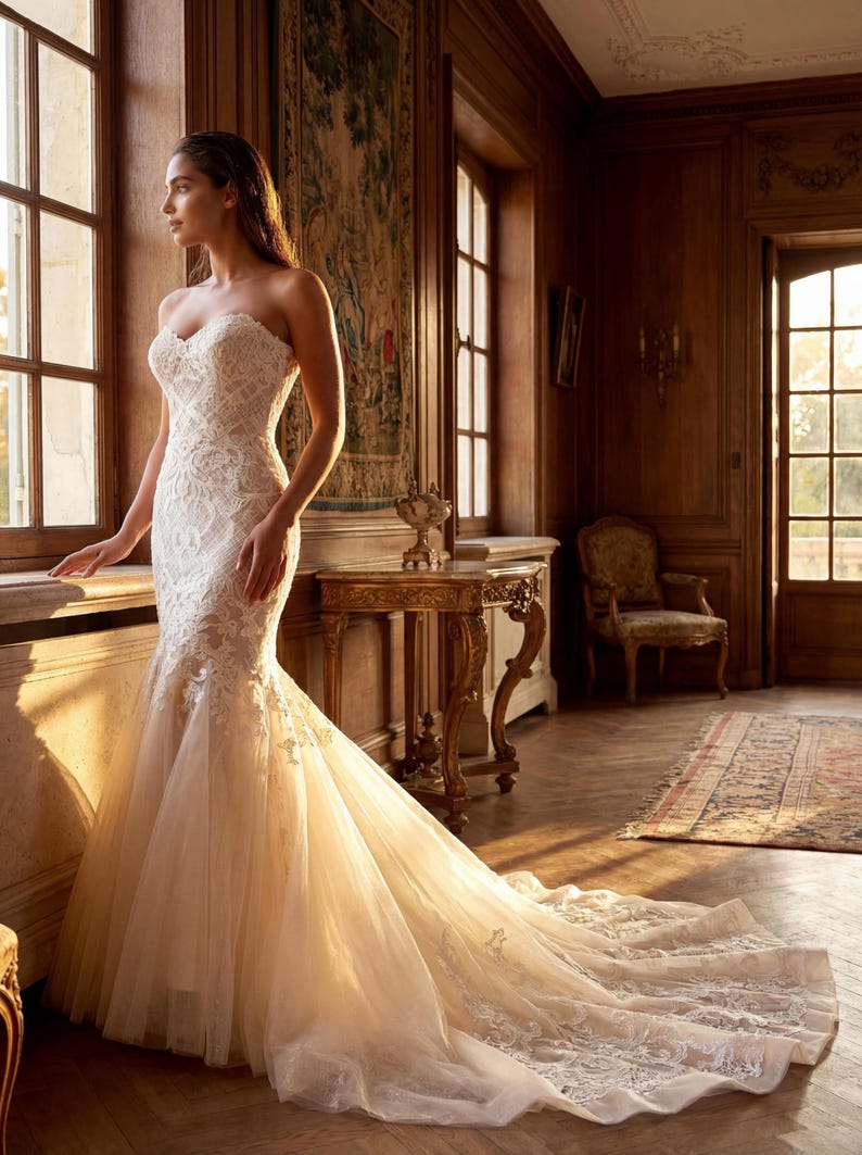 May include: A strapless ivory wedding dress featuring a sweetheart neckline and intricate white lace overlay. The bodice is fitted, transitioning into a flared mermaid silhouette with a tulle skirt and a long train adorned with lace appliques.