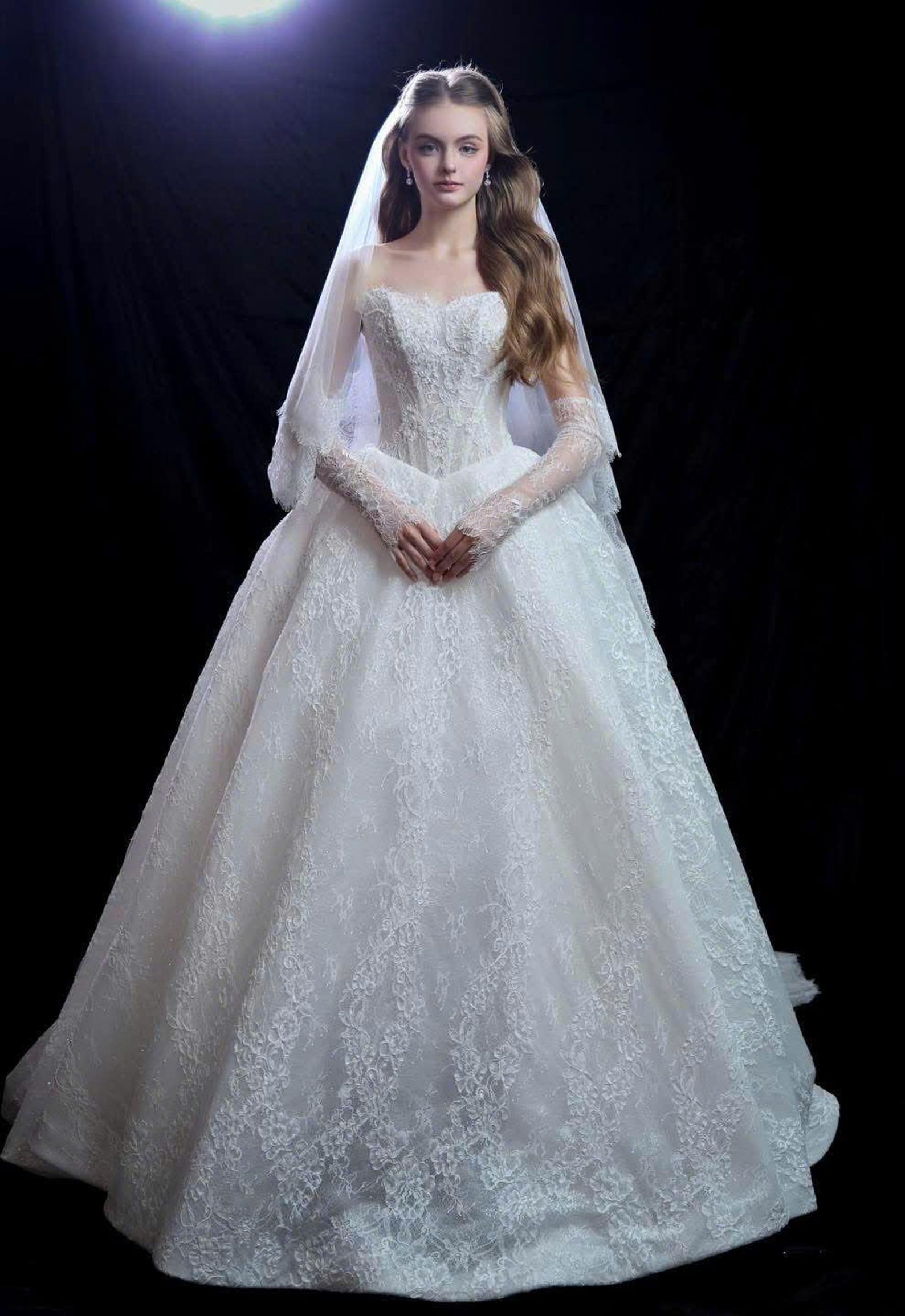 Chantilly Lace Ball Gown | Hand Beaded Bodice | Grand Reception Attire ...