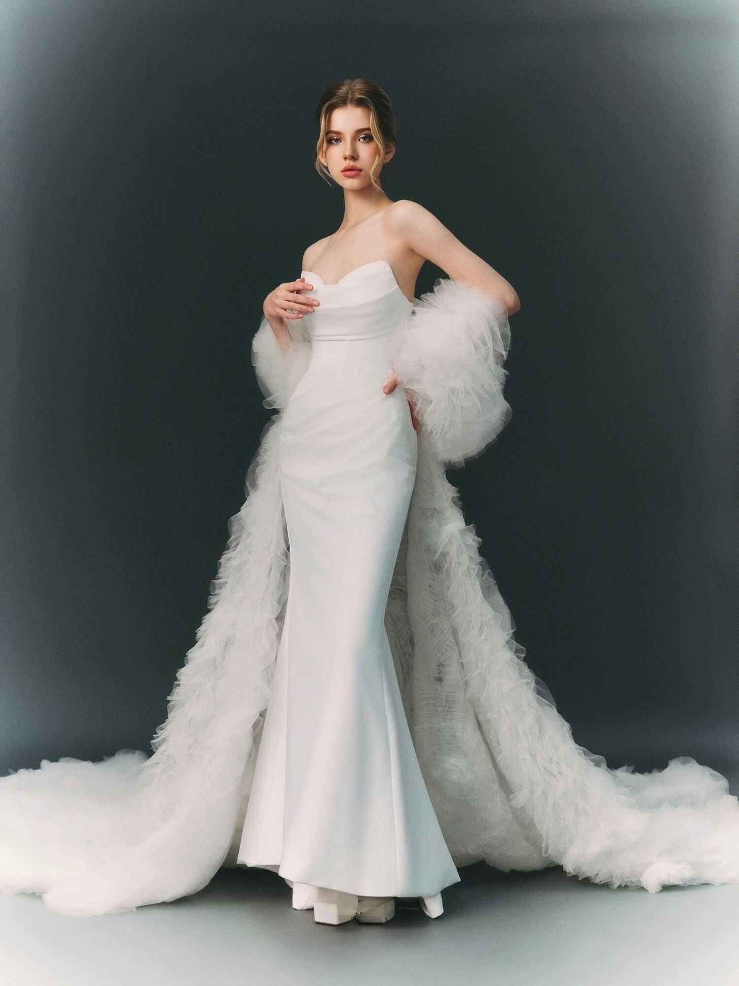 Heavy Satin A Line Wedding Dress | Minimalist Detachable Organza Sleeves