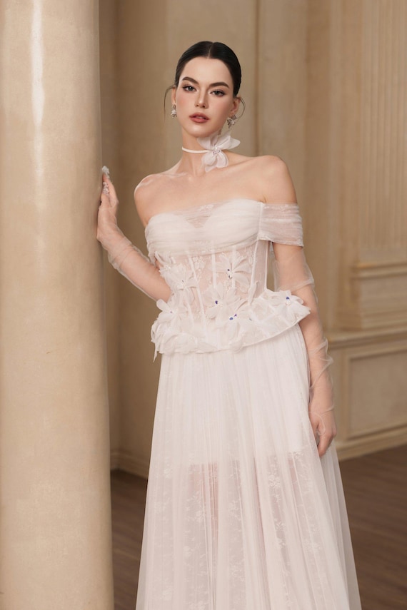 white christmas dresses Corset Wedding Gown with Sheer Cape and High Slit main image 1