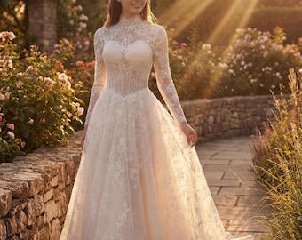 Ivory Floral Lace Wedding Dress | High Neck Long Sleeve Corset | Cathedral Train Modest Ballgown