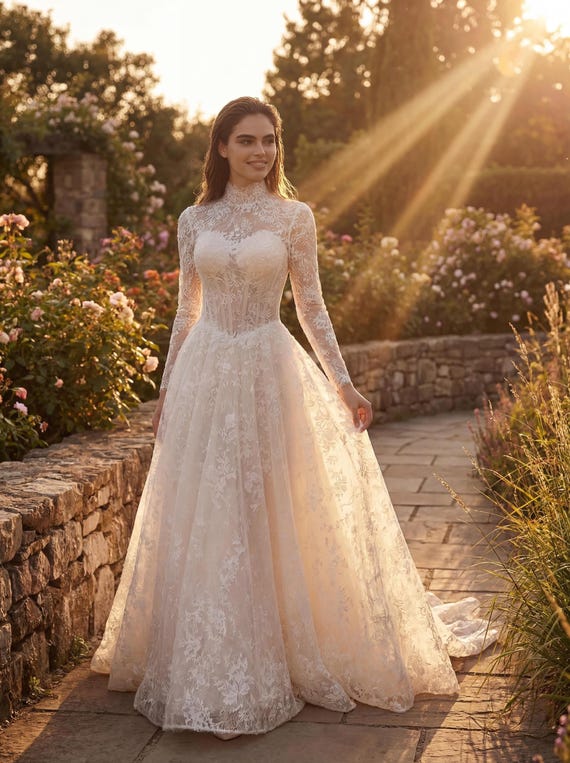 wedding dress with high lace neckline Ivory Floral | Neck Long Sleeve Corset Cole Haan Men's Grand Color:Lily of the Valley Jacquard Powder Blue XS/6 Ball gown soft tulle layering