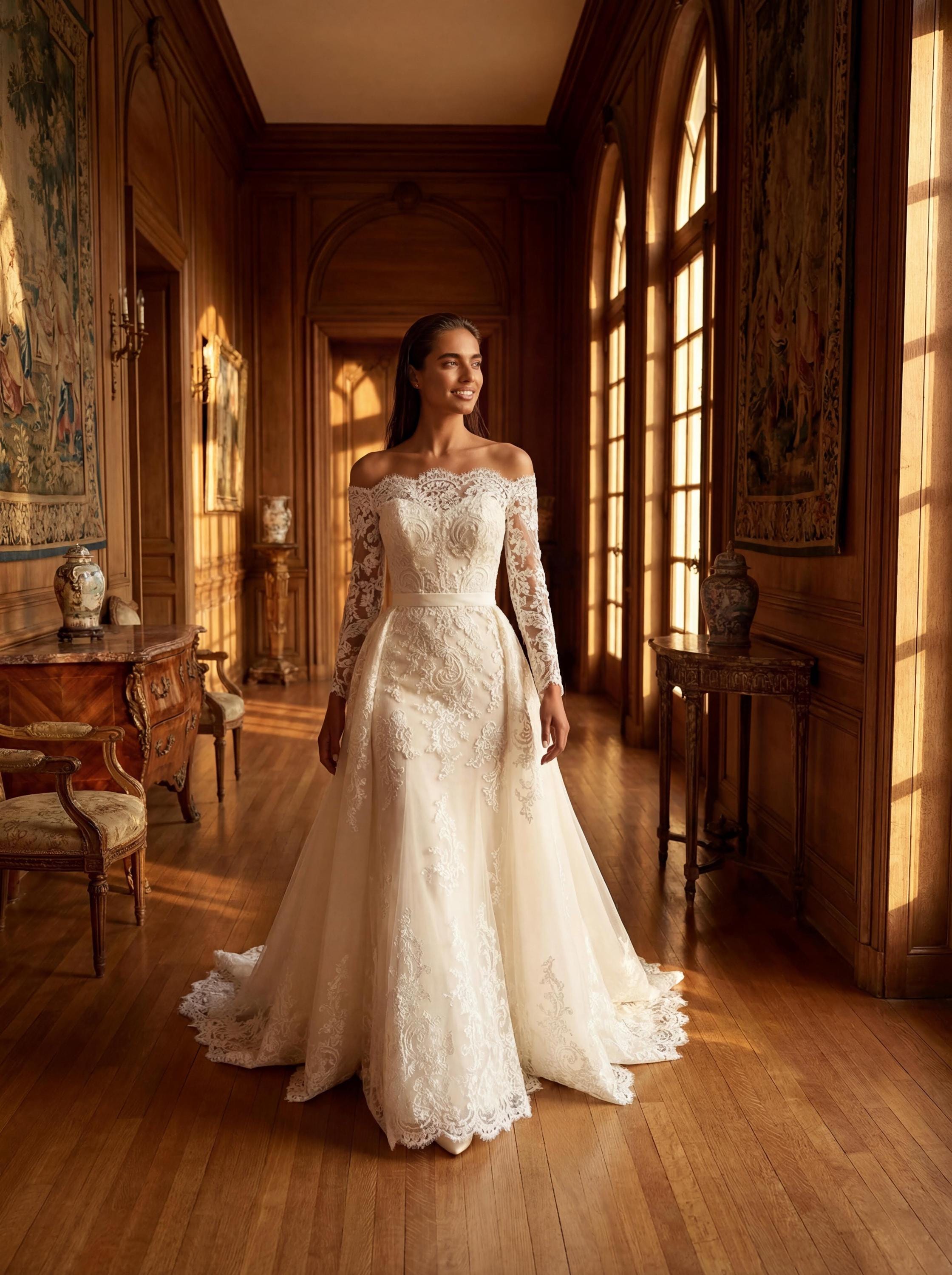 A-line Wedding Gown | off Shoulder Lace Sleeves | Romantic Bride ...