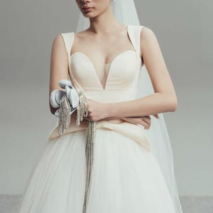 Modern Tulle Tea-Length Wedding Dress with Sculptural Peplum Corset , Unique Bridal Gown with Deep V-Neck , Minimalist Wedding Gown