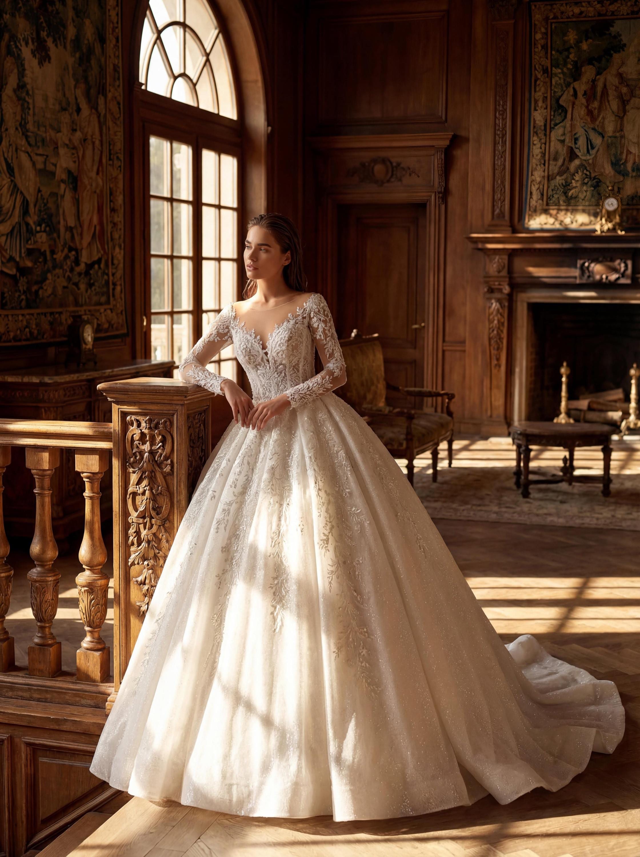 Ball Gown Wedding Dress | Long Sleeve Sheer Corset | For Romantic Bride | Ivory Cathedral Train