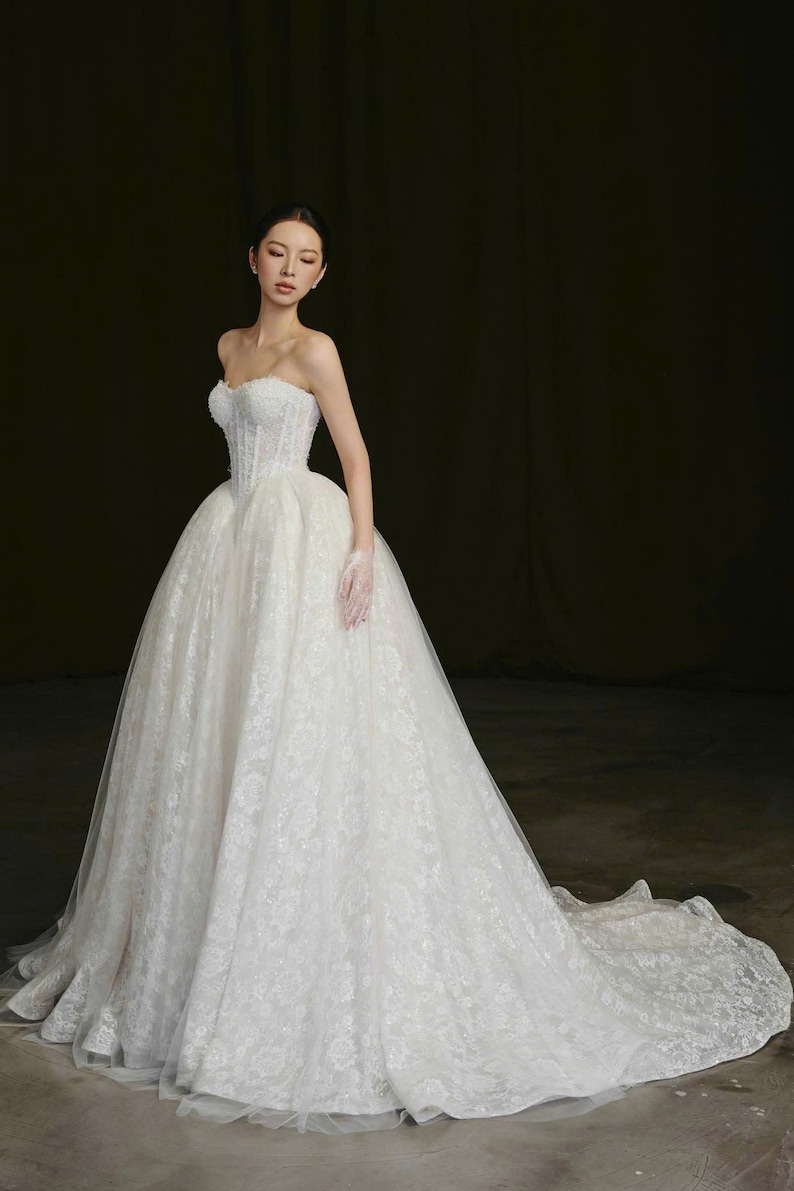 Puede incluir: Un vestido de novia blanco sin tirantes con una falda amplia y una larga cola. El corpi&ntilde;o es ajustado y adornado, y la falda est&aacute; hecha de una delicada tela de encaje. El vestido est&aacute; dise&ntilde;ado para una ocasi&oacute;n formal.