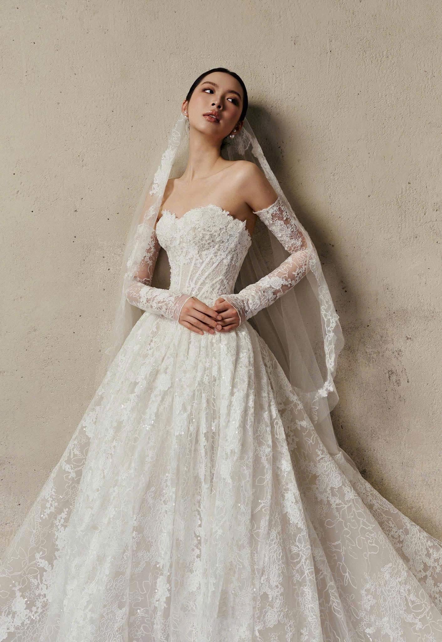 french chantilly lace wedding dress Strapless Chantilly Lace Wedding Dress with Corset Bodice