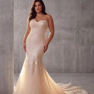 May include: A strapless floor-length gown in a soft champagne hue, featuring a sweetheart neckline and a fitted bodice adorned with intricate white lace embroidery that transitions into a flared mermaid skirt with a long, flowing tulle train.