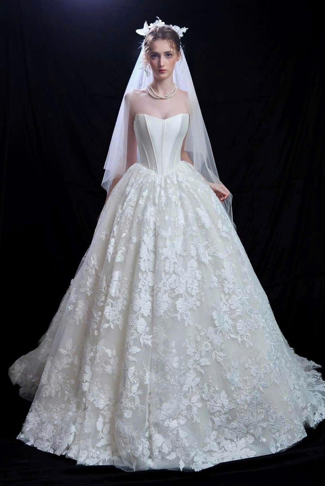 Layered Ruffle Ball Gown With 3D Floral Corset Bodice