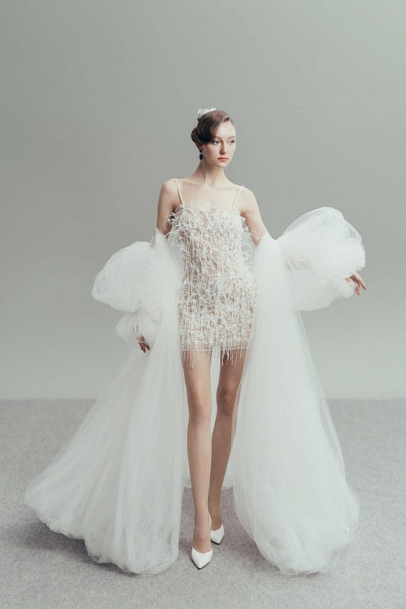 beaded bridal mini dress SEQUIN BEADED A-LINE SHORT DRESS BY LADIVINE CY019 OFF White / S main image 1