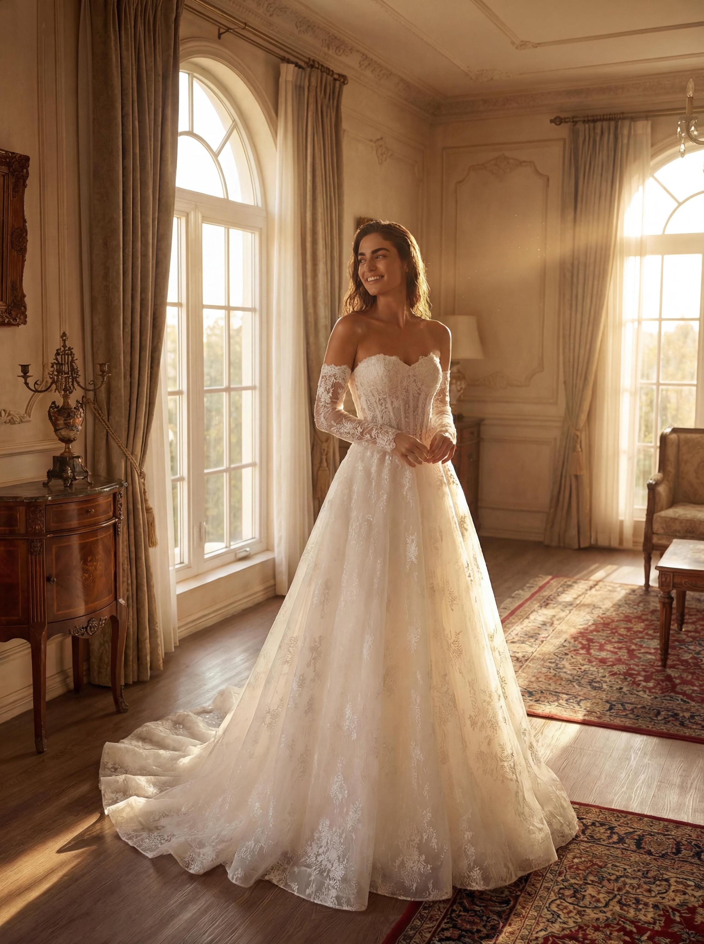 Ivory Lace A-line Wedding Dress – Strapless Corset Bodice, Chapel Train ...