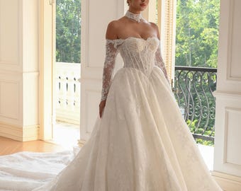 Off-the-Shoulder Lace Ball Gown: Ivory Floral Sequin Bridal Dress