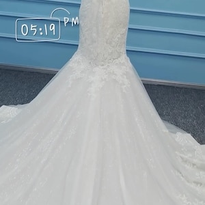 May include: A white strapless floor-length gown featuring a lace bodice with a corset-style lace-up back closure and a flared skirt with a long train, adorned with intricate floral lace appliqu&eacute;s and subtle glitter, displaying the text 05:19 PM.