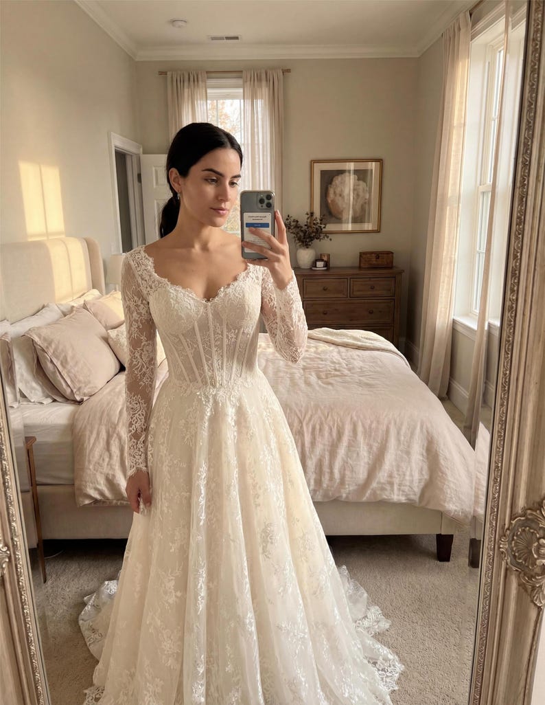 May include: A floor-length ivory wedding dress featuring long lace sleeves, a sweetheart neckline, and a structured corset-style bodice with visible boning. The gown is adorned with intricate floral lace embroidery throughout the skirt and sleeves.