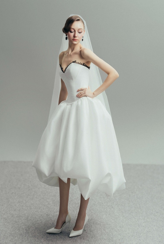 Tea-Length Wedding Dress with Black Lace | Strapless Taffeta Gown | Modern Bridal Style Tea-Length Wedding Dress with Black Lace | Strapless Taffeta Gown | Modern Bridal Style