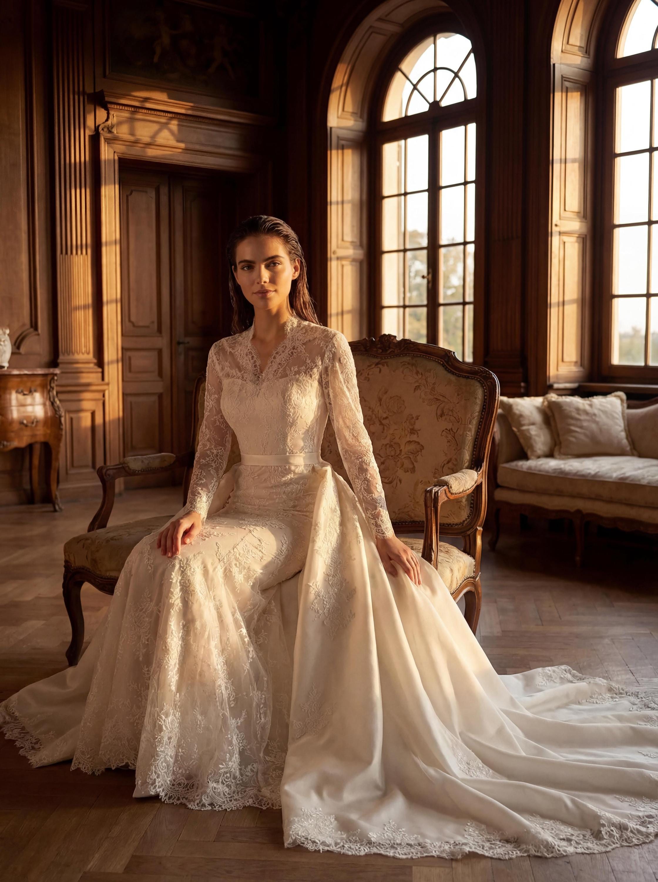 Ivory Lace Mermaid Wedding Dress Detachable Overskirt Illusion Long ...