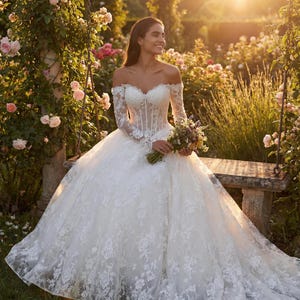 Ivory Lace Off-Shoulder Long Sleeve Ball Gown Wedding Dress Sweetheart Corset Princess Bridal Gown zdjęcie 6