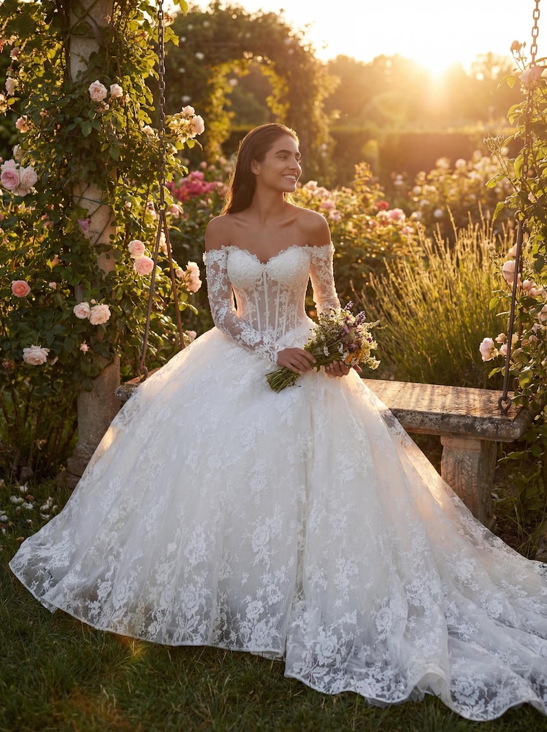 Ivory Lace Off-Shoulder Long Sleeve Ball Gown Wedding Dress Sweetheart Corset Princess Bridal Gown zdjęcie 6