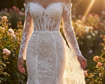 Ivory Lace Mermaid Wedding Dress Off Shoulder Long Sleeve Sweetheart Corset Chapel Bridal Gown
