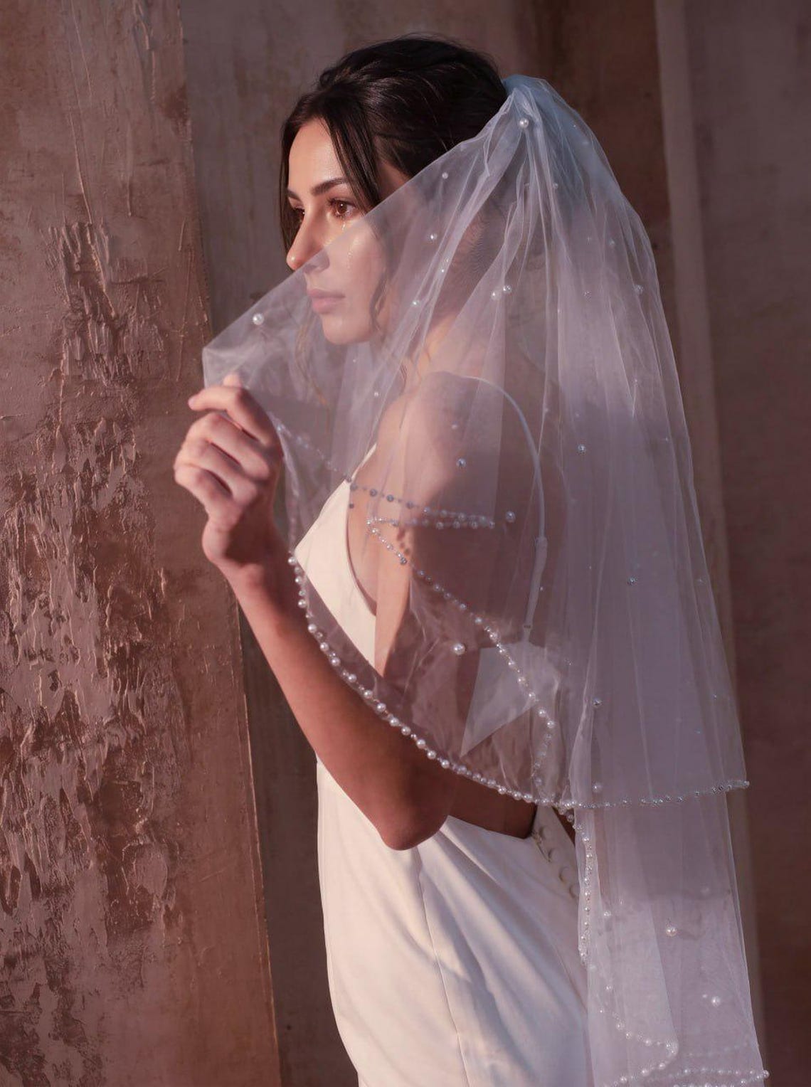 Ivory Cathedral Length Wedding Veil Bridal Two Tier Blusher Pearl Trim ...