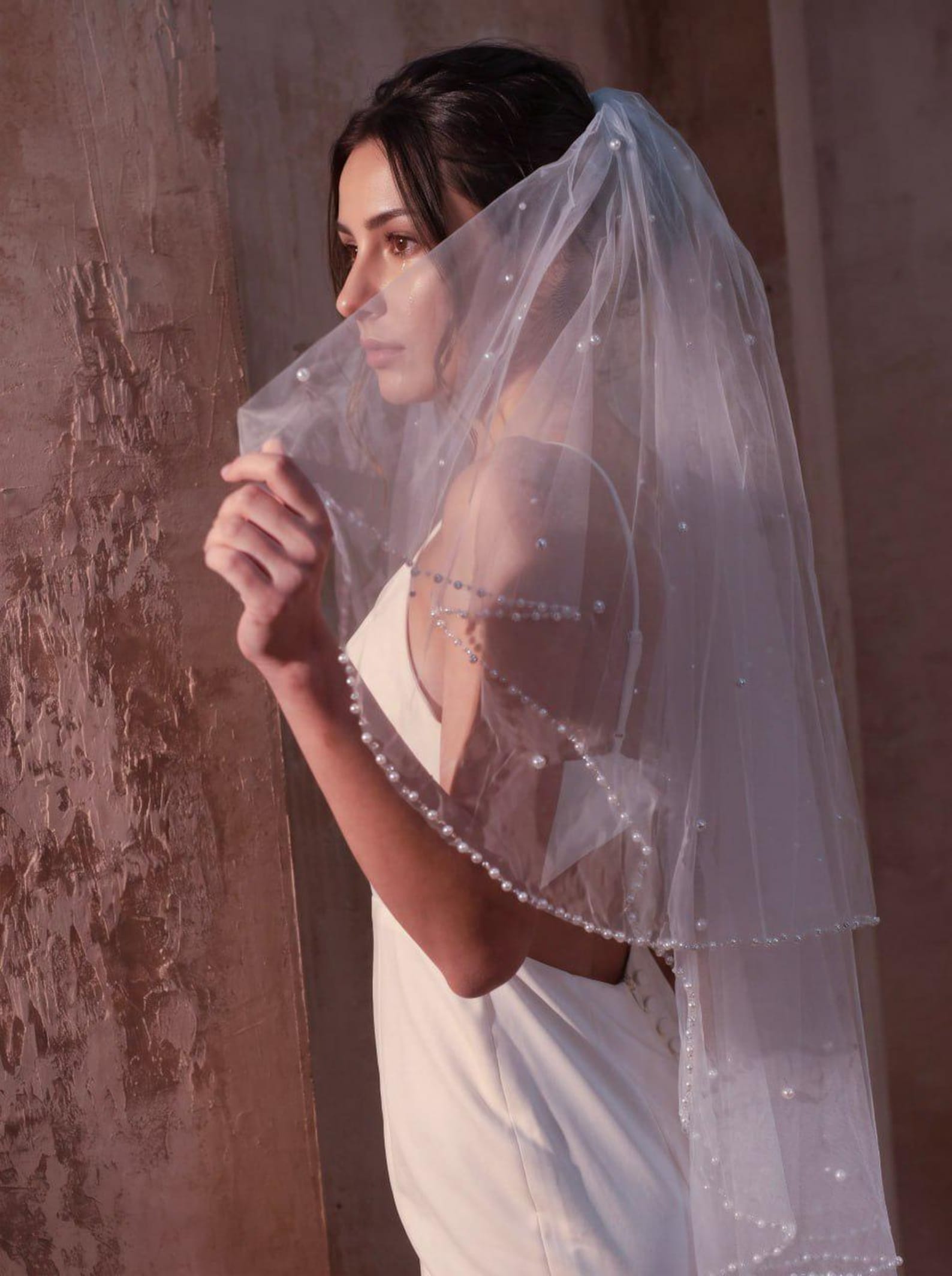 Ivory Cathedral Length Wedding Veil Bridal Two Tier Blusher Pearl Trim ...