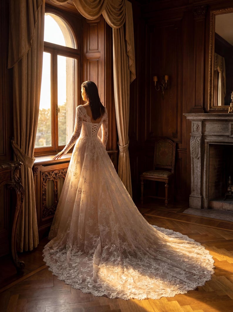 May include: A floor-length ivory wedding dress with long lace sleeves, a corset-style bodice with lace-up back detailing, and a full skirt featuring intricate floral lace embroidery that extends into a long, flowing train on the floor.