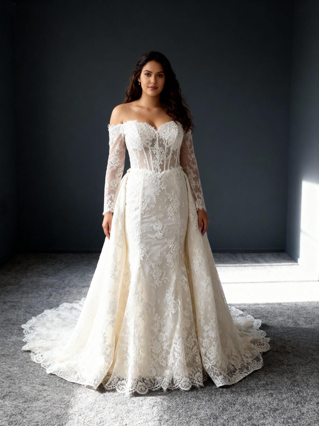 Off Shoulder Mermaid Wedding Dress | Lace Corset Long Sleeve ...