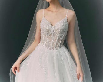 Hand Beaded Tulle Wedding Dress | 3D Floral Applique Bridal Gown | Glitter Corset Ceremony Outfit