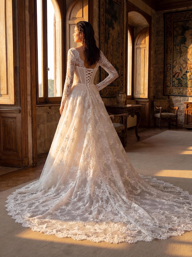 May include: A floor-length white lace gown featuring long sleeves, a corset-style bodice with a lace-up back closure, and a full skirt that extends into a long, intricate lace train with scalloped edges and detailed floral embroidery patterns.