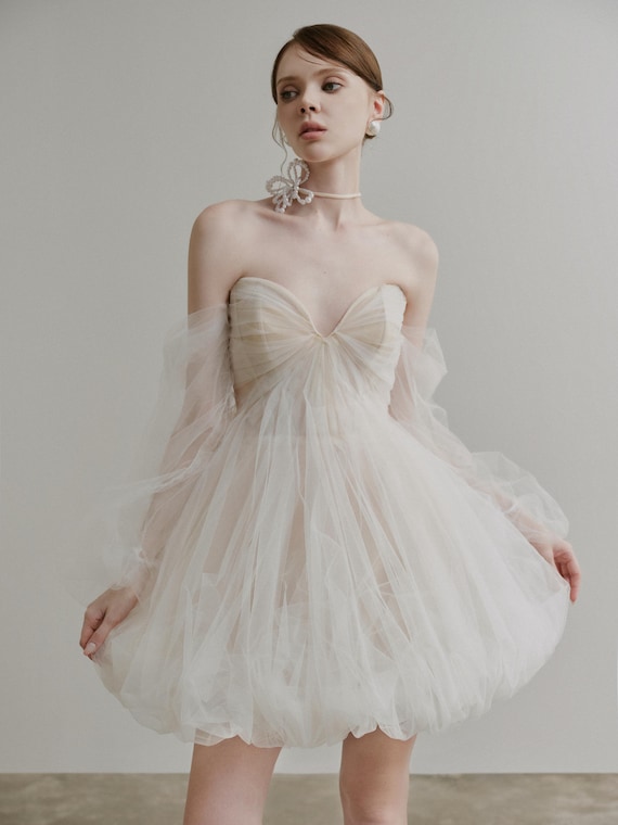strapless open back dress Caspian Slinky and Mesh Off Shoulder Mini Dress / Ivory | Meshki main image 1