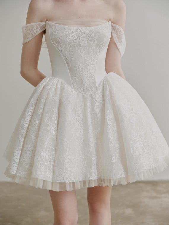 off shoulder tulle skirt mini dress in ivory Off Shoulder Tulle Skirt Mini Dress in Ivory