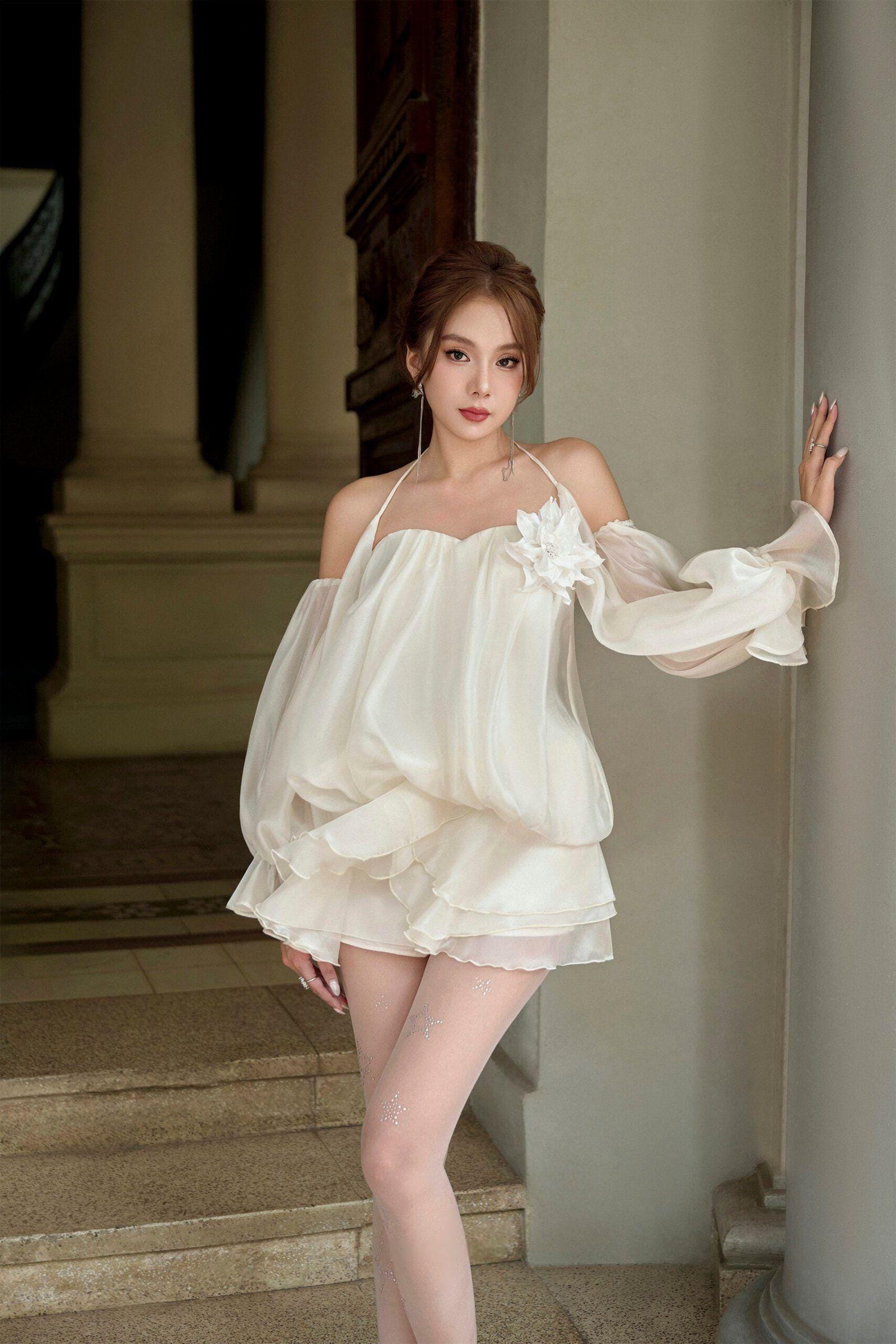 Ivory Off-shoulder Mini Dress With Puffy Sleeves & Floral Appliqué ...
