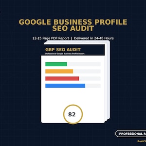 May include: A digital document titled Google Business Profile SEO Audit featuring a stack of pages with a bar chart showing green, orange, red, and blue bars, a score of 82 in a gold circle, and the text Professional Google Business Profile Report.