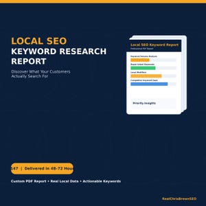 Könnte beinhalten: Ein digitaler lokaler SEO-Keyword-Recherchebericht auf dunkelblauem Hintergrund mit weißem Text. Das Dokument zeigt Abschnitte für Keyword-Volumenanalyse, Käuferabsicht-Keywords, lokale Modifikatoren und Wettbewerber-Keyword-Lücken.