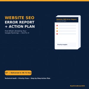 Peut inclure: Un graphique bleu foncé avec le texte WEBSITE SEO ERROR REPORT + ACTION PLAN et Find What's Breaking Your Google Rankings — And Fix It. Une icône de document blanc intitulée Website SEO Error Report avec des puces colorées est affichée.
