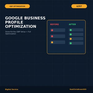 May include: A dark blue digital service graphic titled Google Business Profile Optimization. It features a comparison chart with Before and After columns, displaying red, yellow, and green status dots next to rectangular bars on a grid background.