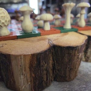 May include: A wooden mushroom chess set with cream-colored mushroom pieces on a wooden board. The board is set on a rustic, cross-section of a tree trunk. The chess pieces are in various mushroom shapes.