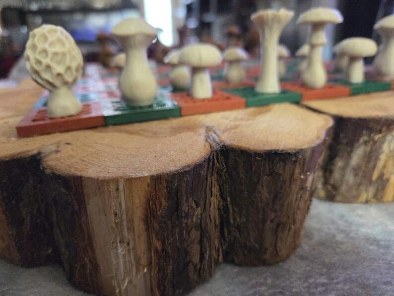 May include: A wooden mushroom chess set with cream-colored mushroom pieces on a wooden board. The board is set on a rustic, cross-section of a tree trunk. The chess pieces are in various mushroom shapes.