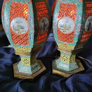 Pair of Antique Famille Rose Verte Reticulated Porcelain Chinese Wedding Lanterns
