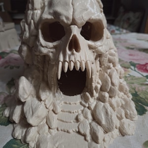 May include: A cream-colored, three-dimensional skull sculpture featuring a jagged, rocky texture surrounding the cranium. The skull has hollow eye sockets, a prominent nasal cavity, and sharp, pointed fangs protruding over a dark, open mouth.