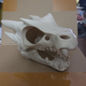 May include: A detailed, off-white dragon skull sculpture with sharp teeth and prominent eye sockets. The skull features multiple horns and a textured surface, suggesting a fantasy or gothic theme. The sculpture is displayed on a cardboard surface.