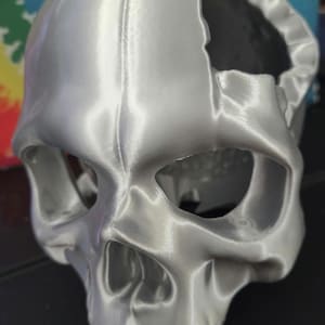 May include: A silver-colored skull-shaped decorative object. The skull has large eye sockets, a nasal cavity, and a jawline with teeth. The top of the skull is open. The object is likely made of plastic or a similar material.