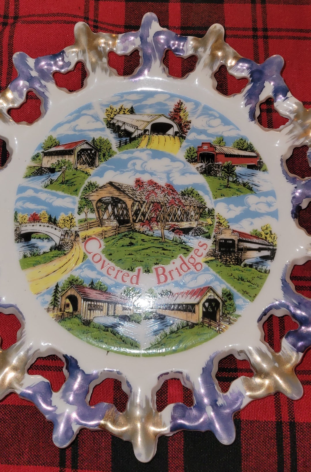 Vintage Covered Bridges Collectible Plate: Gold & Purple Accent - Etsy