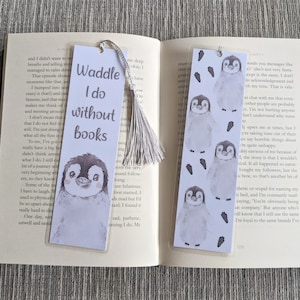 Penguin Bookmark, Waddle I do Without Books, Kids bookmark - Reversible cute bookmark