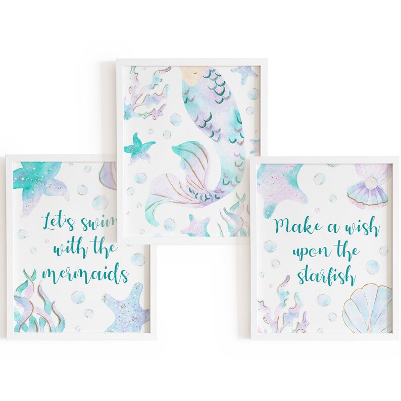 Mermaid Wall Art Prints Set of 3 Girls Bedroom Prints Etsy UK