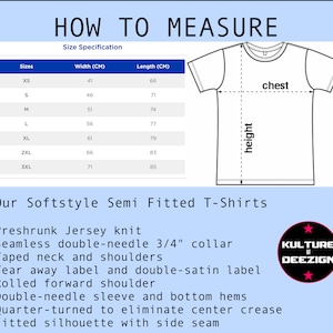May include: A size chart for softstyle semi-fitted t-shirts with measurements in centimeters. The chart shows the width and length of the shirts in different sizes, from XS to 3XL. The chart also includes a diagram of a t-shirt with labels for "chest" and "height" to show how to measure the garment.