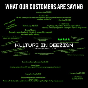May include: A collage of customer reviews for KULTURE IN DEEZIGN clothing with attitude. The reviews are positive and highlight the quality of the clothing, the speed of shipping, and the customer service. The reviews are displayed on a green background with white text.